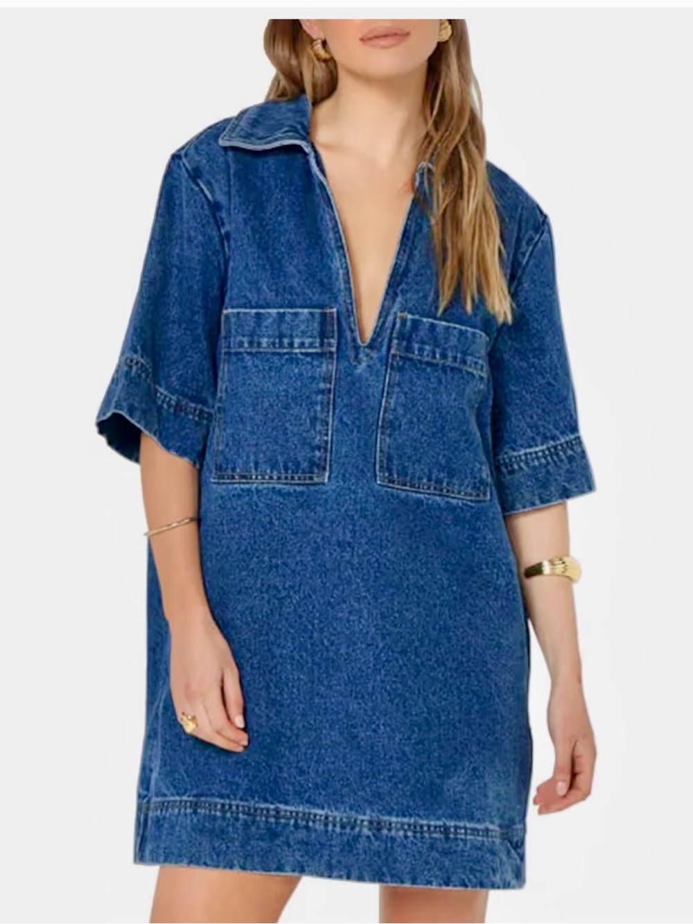 Denim V-Neck Mini Dress in Blue